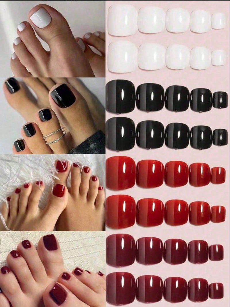 Solid Color Short Press-On Toenails with Adhesive Tabs 96 pcs 4 Colors ( 24 pcs For Each Color ) - Image 1